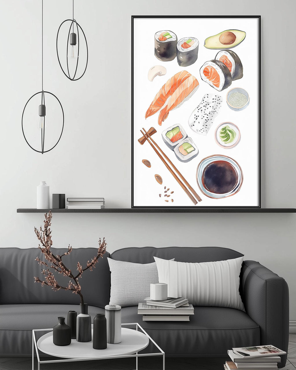 a modern living room with a gray sofa, a coffee table, and a framed print of sushi art hanging on the wall above the sofa.