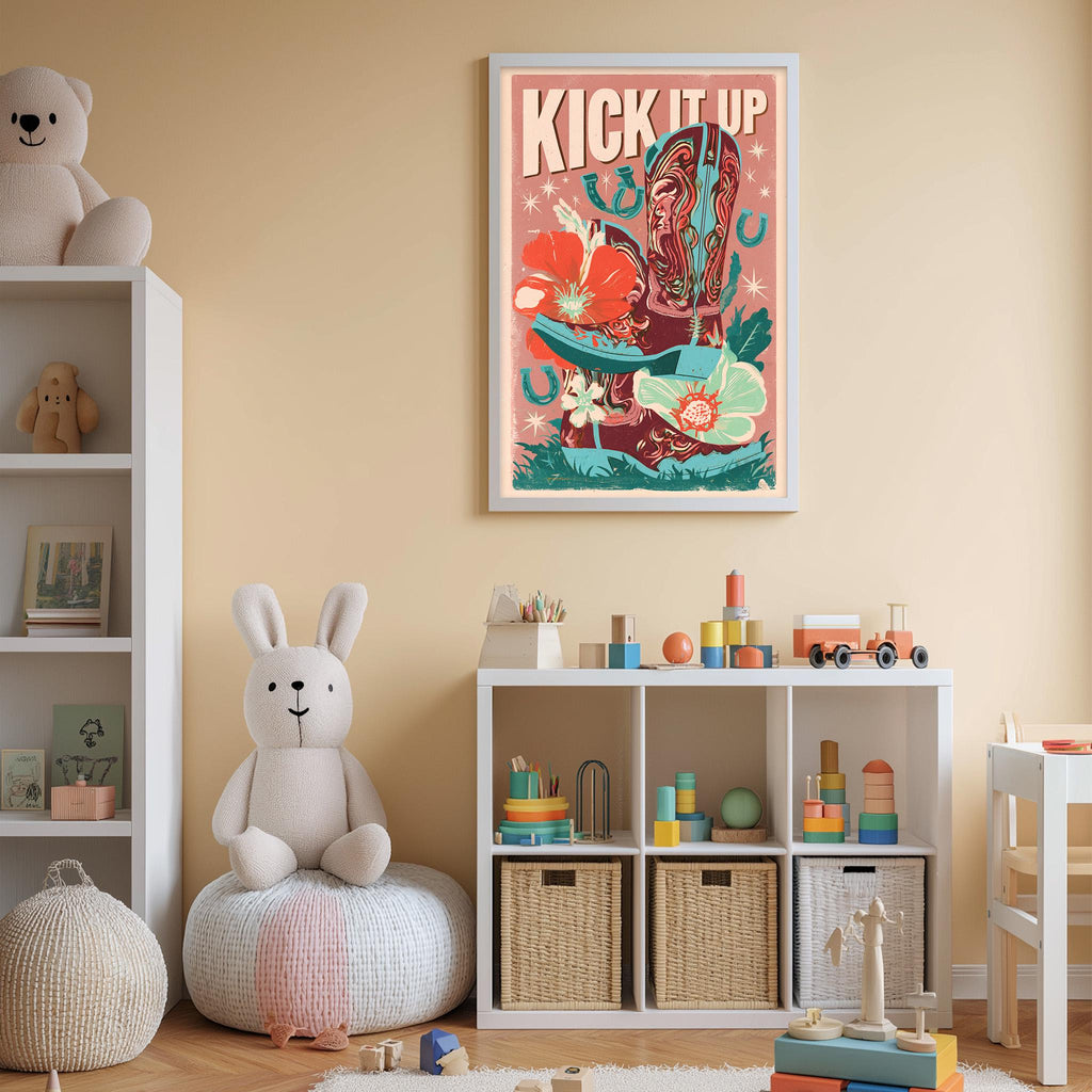 A child's bedroom with a large poster of a colorful illustration of a cowboy on the wall, a white bookshelf filled with toys, and a white bean bag chair.