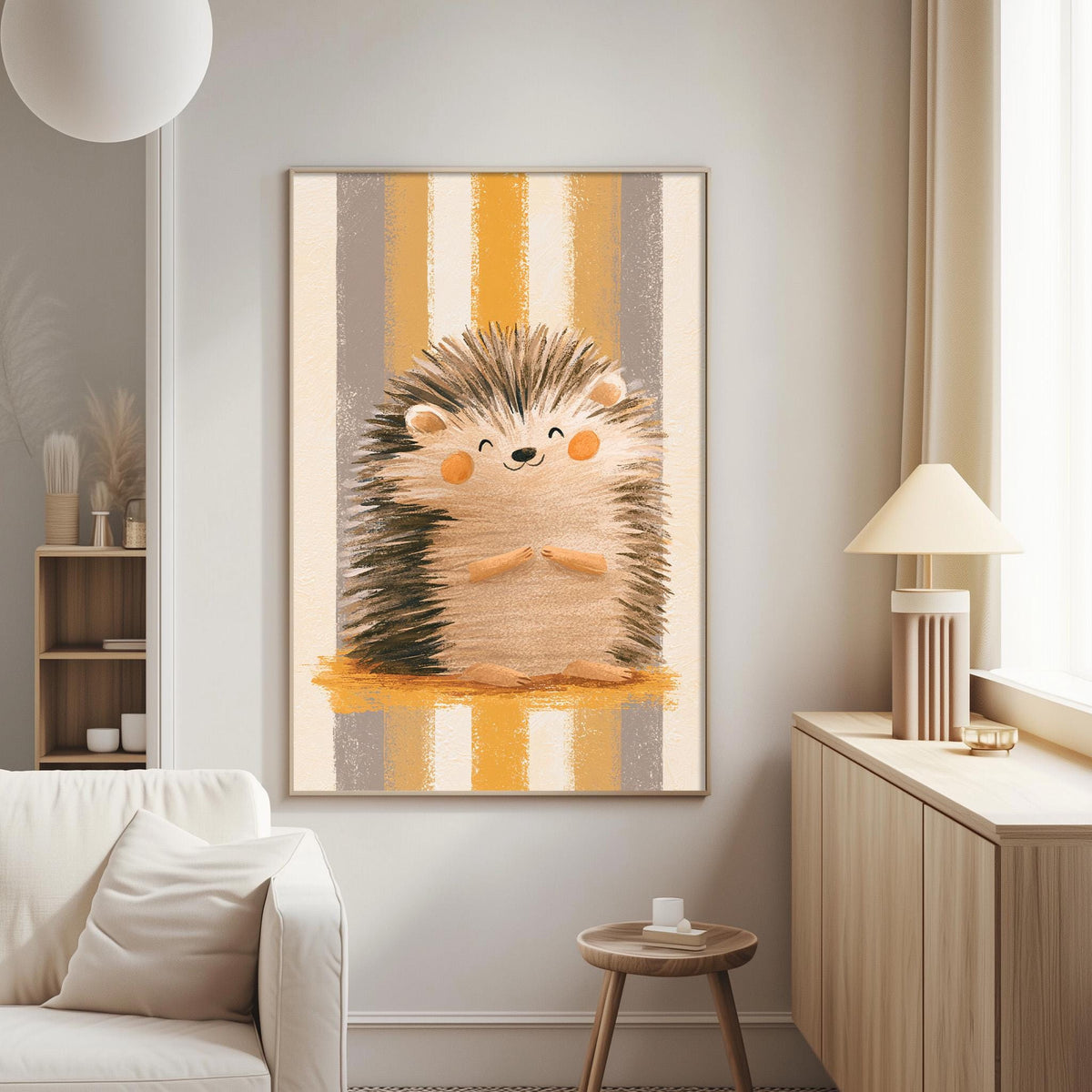 a cozy living room with a large framed picture of a hedgehog hanging on the wall. The hedgehog is depicted in a playful and cheerful manner, sitting on a yellow and gray striped background. The room also includes a white couch, a small wooden table, and a lamp, creating a warm and inviting atmosphere.