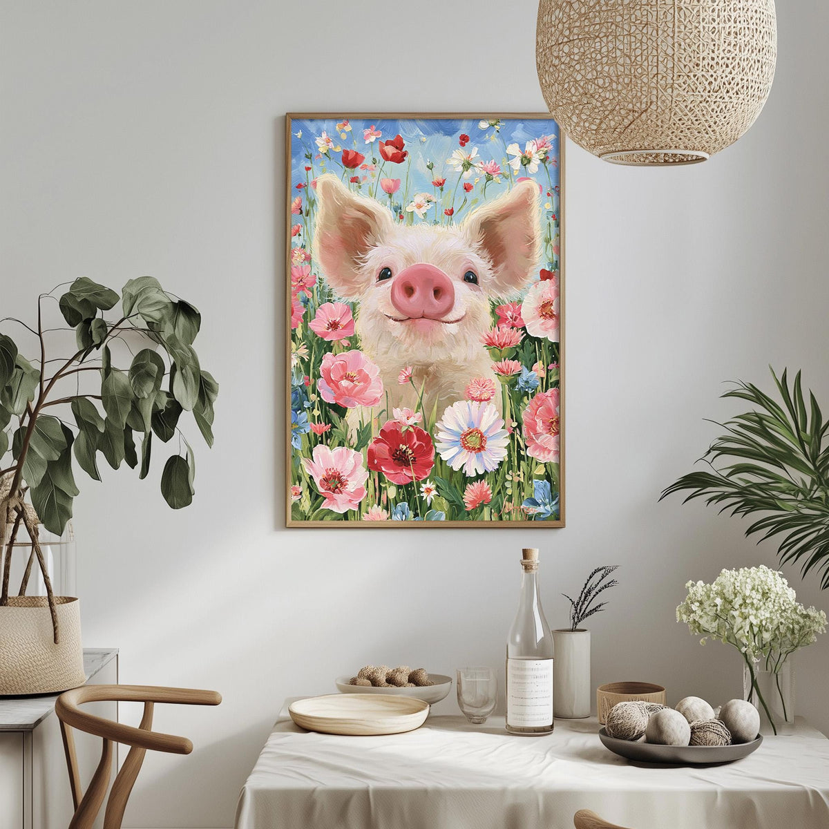 a wall-mounted painting of a pig surrounded by a field of flowers, with a dining table and chairs in the foreground.