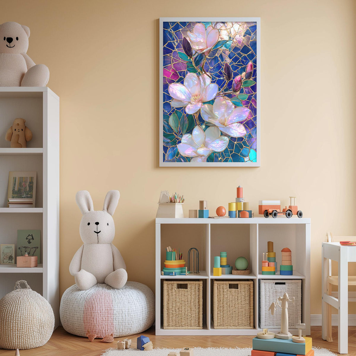 A cozy and colorful children's bedroom with a large stuffed bunny, a bookshelf, and a toy chest filled with toys. The walls are painted a light peach color, and a framed stained glass artwork featuring pink and white flowers is displayed above the bookshelf.