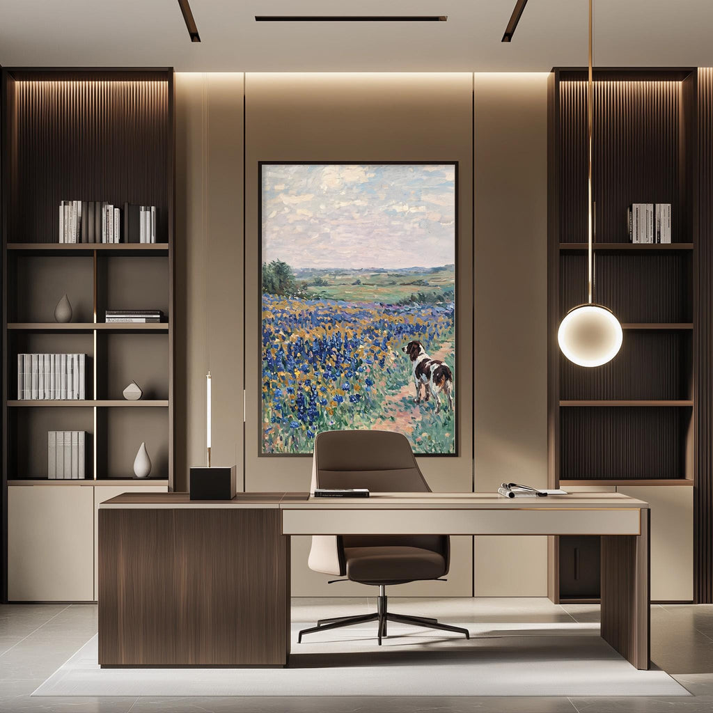 a modern office space with a large painting of a field of flowers hanging on the wall. The office features a wooden desk, a comfortable chair, and a bookshelf filled with books. The overall design and decor create a serene and inviting atmosphere.