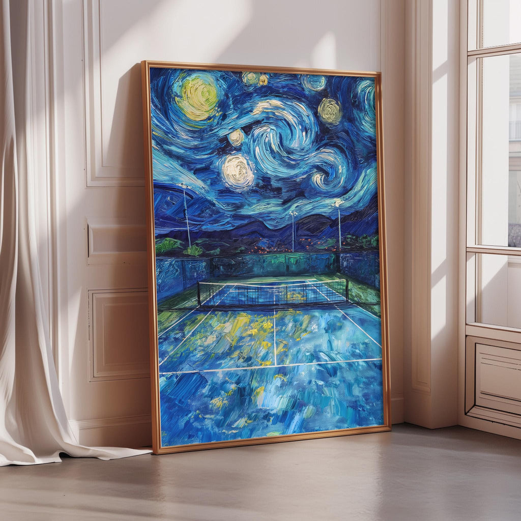 The image is a large framed painting depicting a tennis court with a starry night sky in the background.