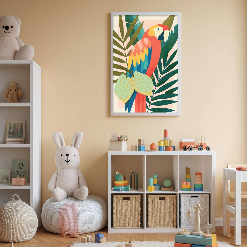 A child's bedroom with a white bookshelf, a stuffed rabbit, a colorful bird painting, and various toys and storage bins.
