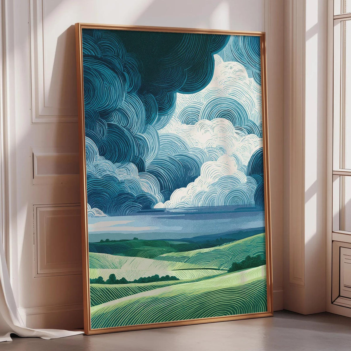 A large framed painting depicting a serene landscape with rolling hills, a blue sky with wispy clouds, and a peaceful atmosphere.