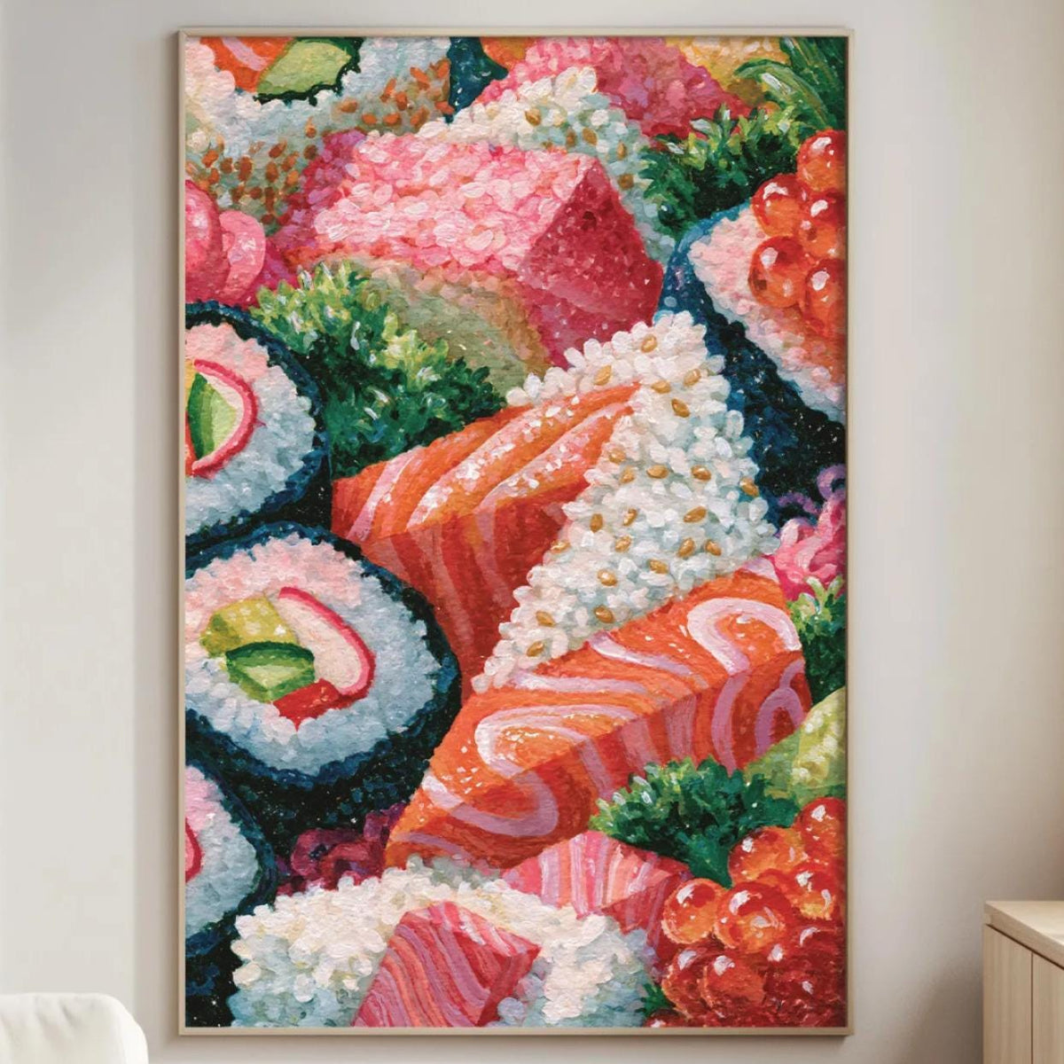 a large, colorful painting of sushi rolls hanging on a wall in a living room.