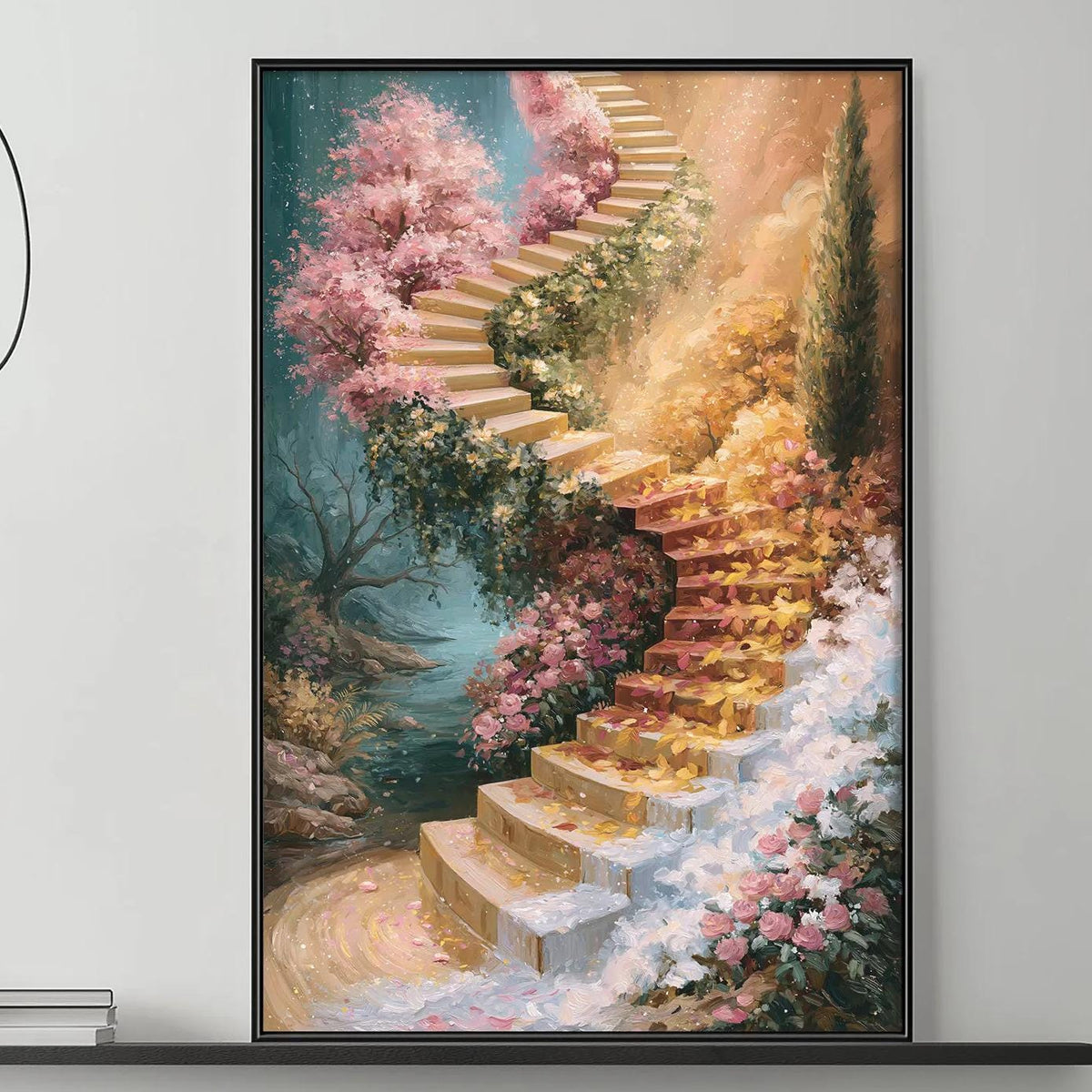 a large, colorful painting of a staircase with flowers and greenery hanging on a wall above a gray couch with white pillows. The painting is framed and appears to be a focal point in the living room setting.