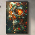 a large framed artwork of a colorful skull with flowers and leaves adorning the wall above a kitchen counter.