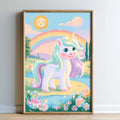 A framed illustration of a unicorn standing in a colorful, whimsical landscape with a sun, rainbow, and flowers.