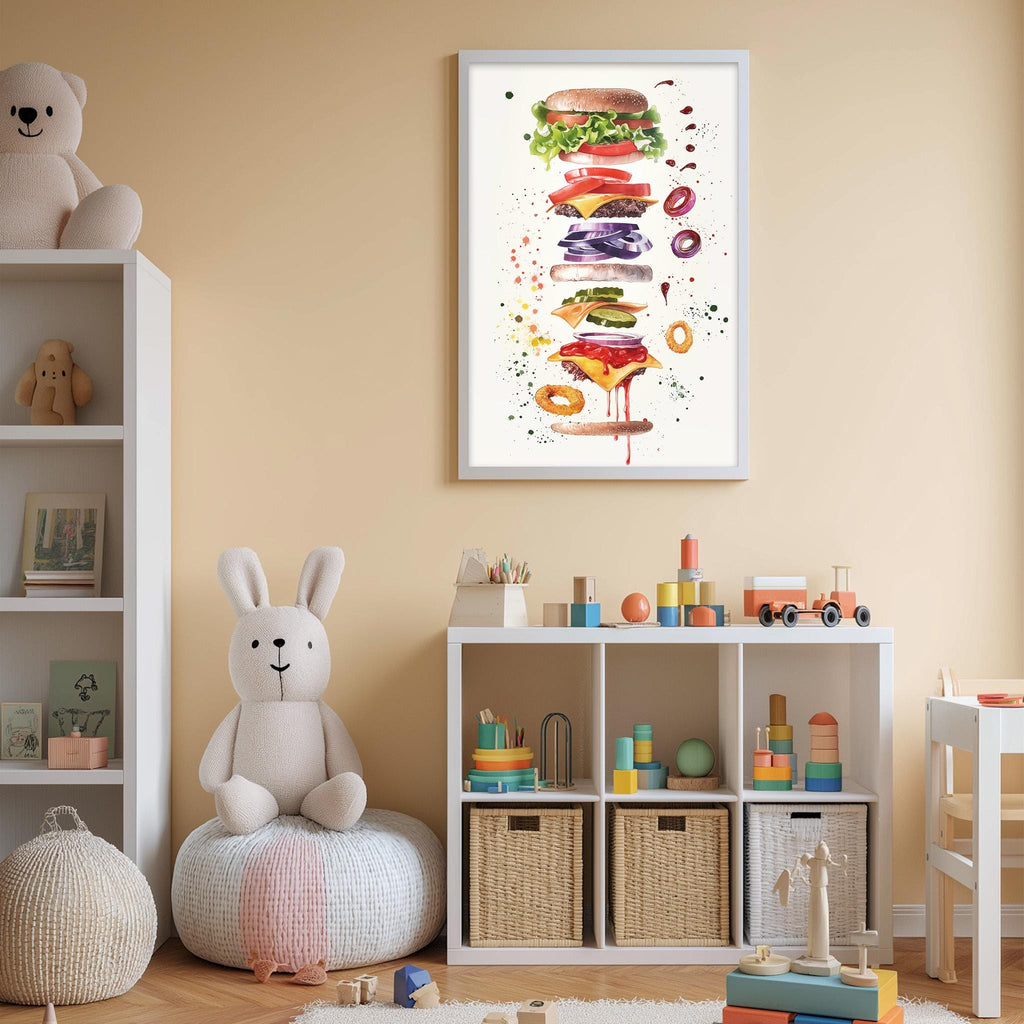 A child's bedroom with a white bookshelf, a stuffed rabbit, and a colorful poster of a sandwich on the wall.