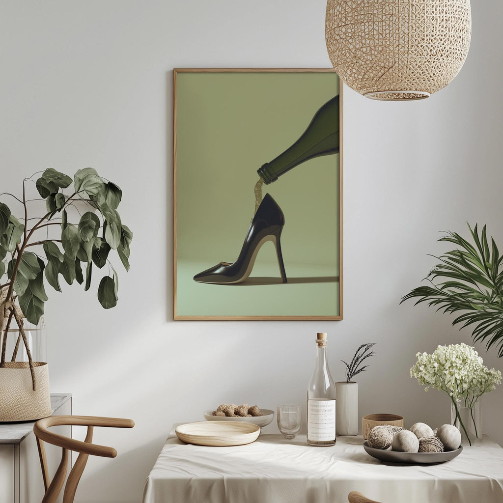 a dining table with a white tablecloth, a bowl of fruit, a bottle, and a vase with flowers. Above the table, there is a framed picture of a high-heeled shoe.