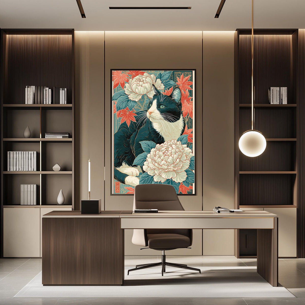a modern and stylish office space with a large floral artwork hanging on the wall above a wooden desk. The desk is positioned in front of the artwork, creating a focal point in the room. The office also features built-in bookshelves and a pendant light, contributing to the overall contemporary design.