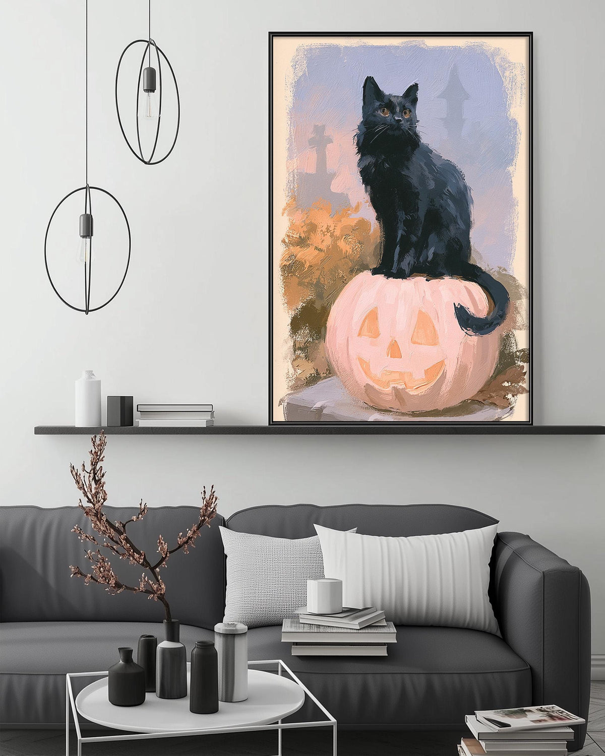 a black cat sitting on a pumpkin, which is a common symbol associated with Halloween. The cat is depicted in a realistic style, with attention to detail in its fur and posture. The pumpkin is shown in a larger size, emphasizing its importance as a central element in the scene. The overall composition of the image is visually appealing and captures the viewer's attention.