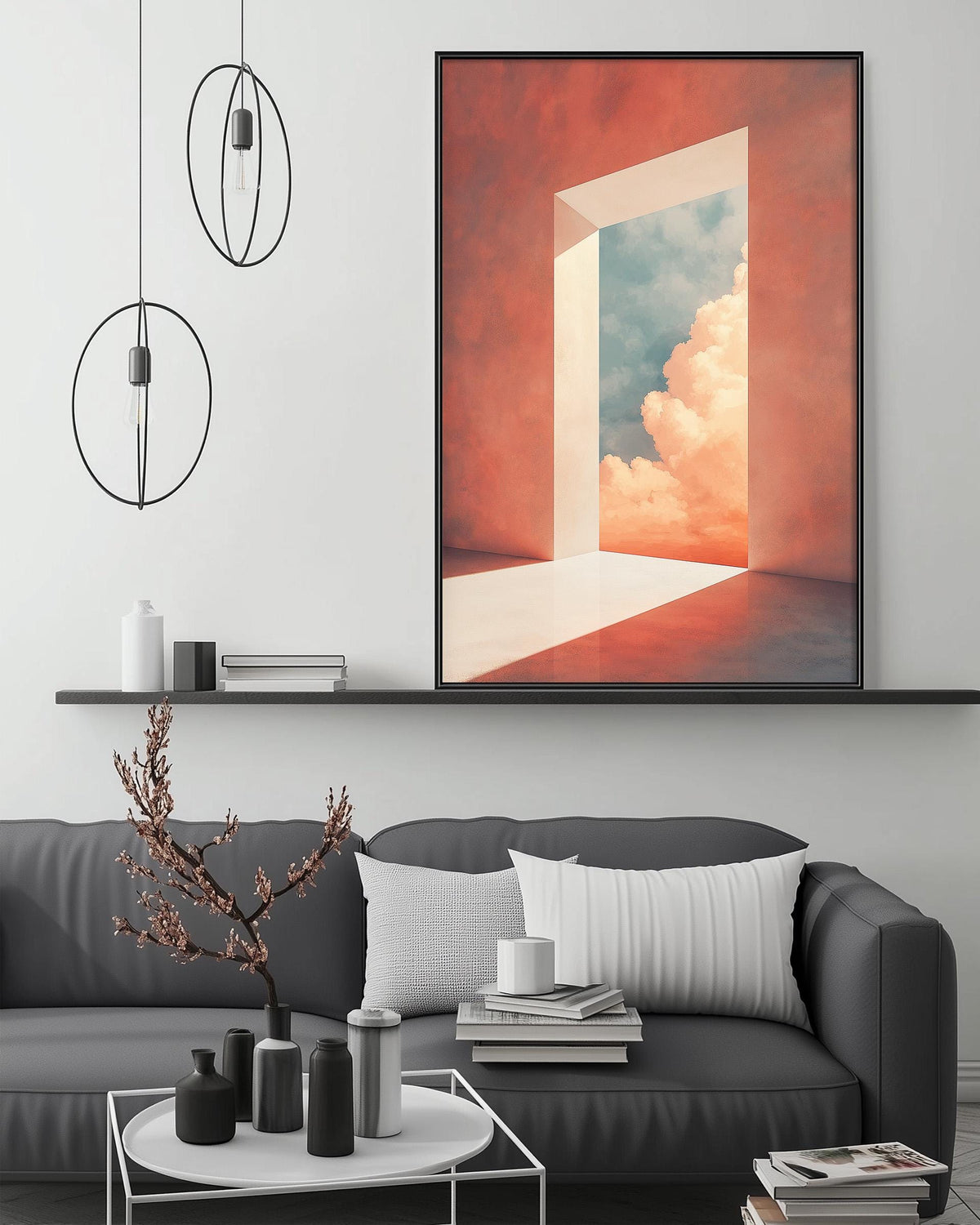 a modern living room with a gray sofa, a coffee table, and a large framed artwork depicting a doorway leading to a sky filled with clouds.