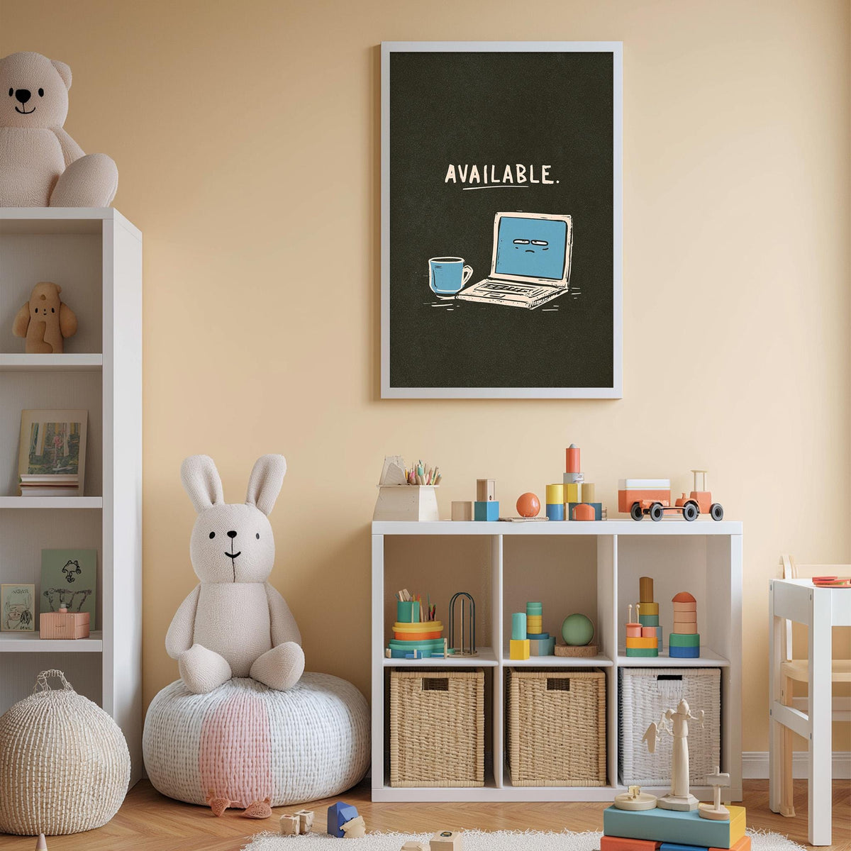 a child's bedroom with a white bookshelf, a stuffed rabbit, a toy train, and a poster with a laptop and the word "AVAILABLE" on it.