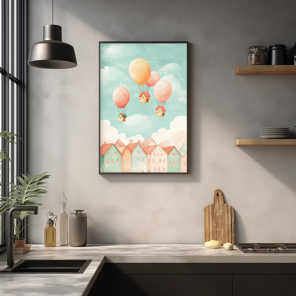 a kitchen counter with various kitchen items, including a cutting board, a bottle, and a jar. Above the counter, there is a framed illustration of a whimsical scene with hot air balloons floating above a town, creating a playful and imaginative atmosphere.