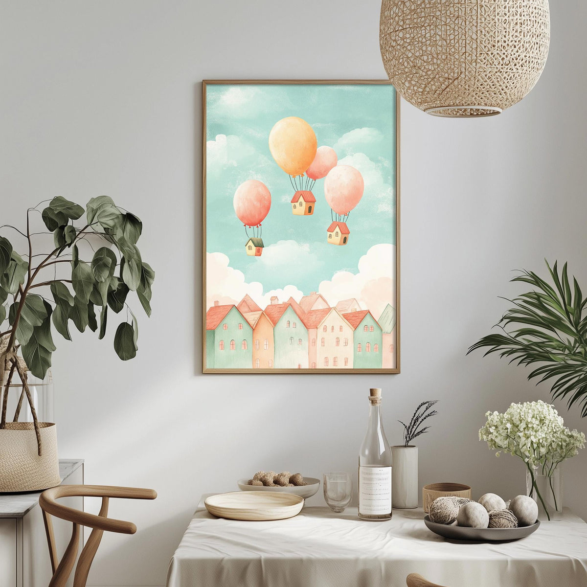 a cozy dining area with a table set for two, surrounded by potted plants and a hanging light fixture. A framed illustration of houses floating in the sky is displayed on the wall above the table.