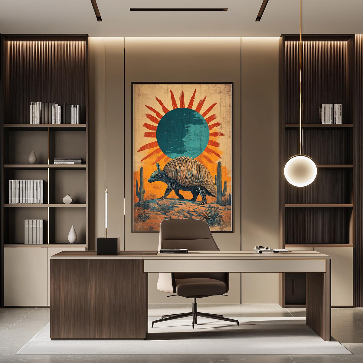 a modern office space with a large, colorful painting of an armadillo on the wall. The painting is surrounded by bookshelves and a desk with a chair. The overall design of the space has a contemporary and stylish aesthetic.