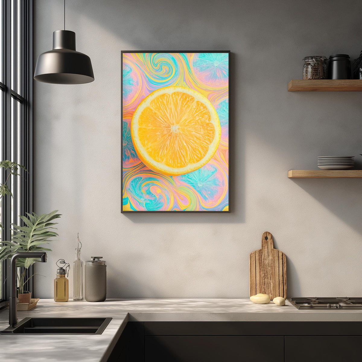 a kitchen counter with a framed painting of an orange slice hanging on the wall above it. The painting has a vibrant, colorful design with swirling patterns around the orange slice.
