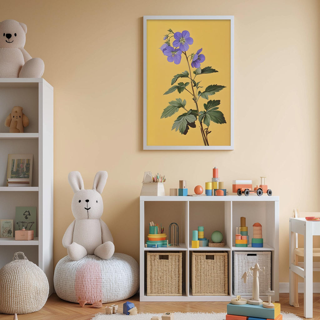 A cozy children's room with a white bookshelf, a plush rabbit, and a colorful toy box filled with toys. A framed picture of a purple flower is displayed on the wall above the bookshelf.