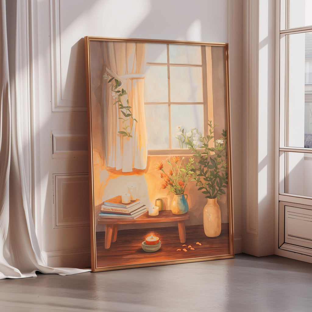 a serene indoor scene with a window, a table with flowers, and a candle, creating a warm and inviting atmosphere.