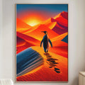 a large, colorful painting of a penguin walking on a sandy beach, with mountains in the background. The painting is hanging on a wall in a living room setting.
