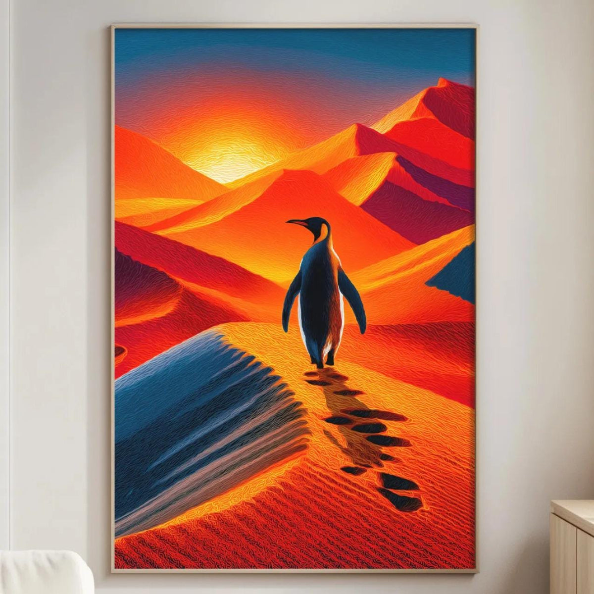 a large, colorful painting of a penguin walking on a sandy beach, with mountains in the background. The painting is hanging on a wall in a living room setting.