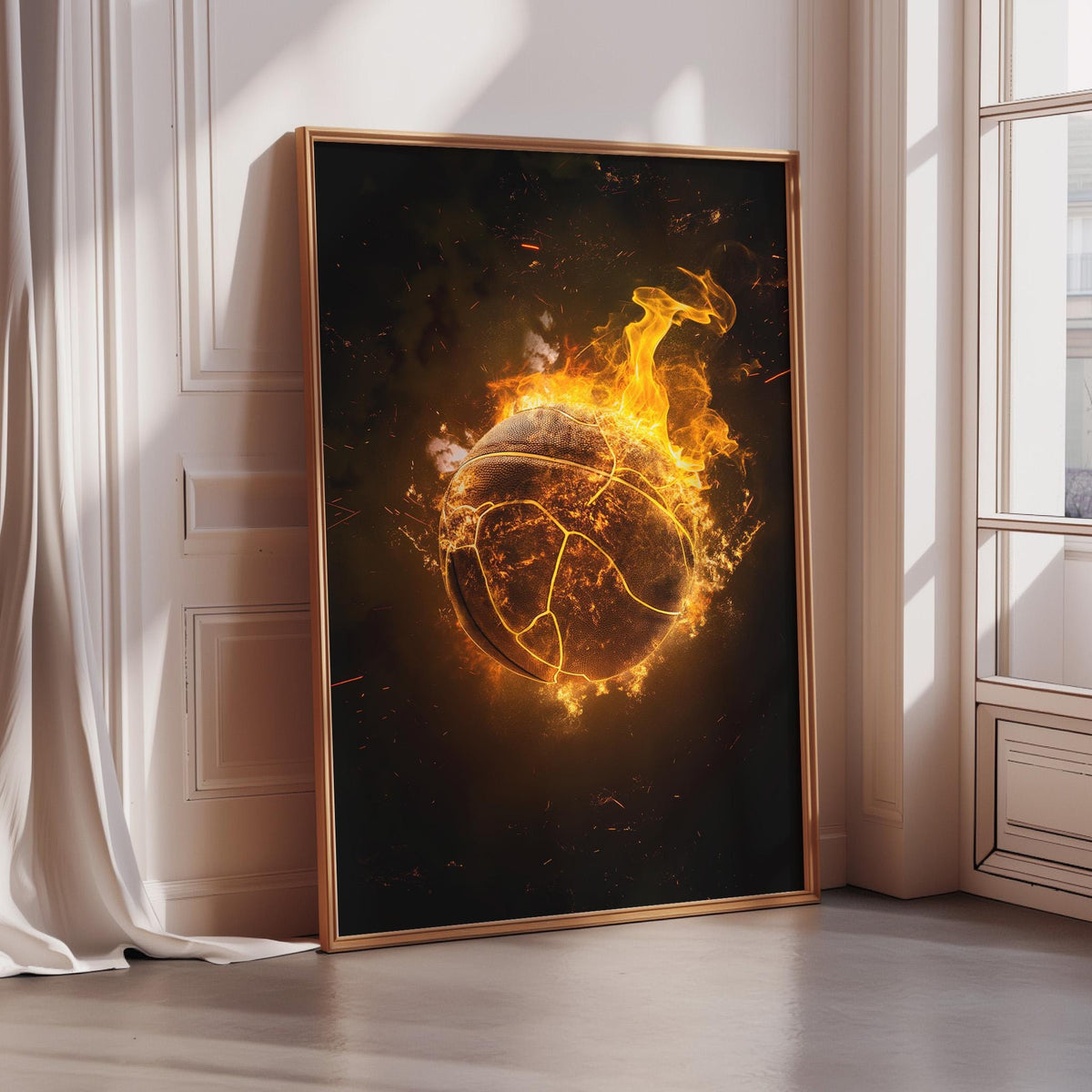 a large, framed picture of a basketball with flames emanating from it, creating a dramatic and fiery effect.