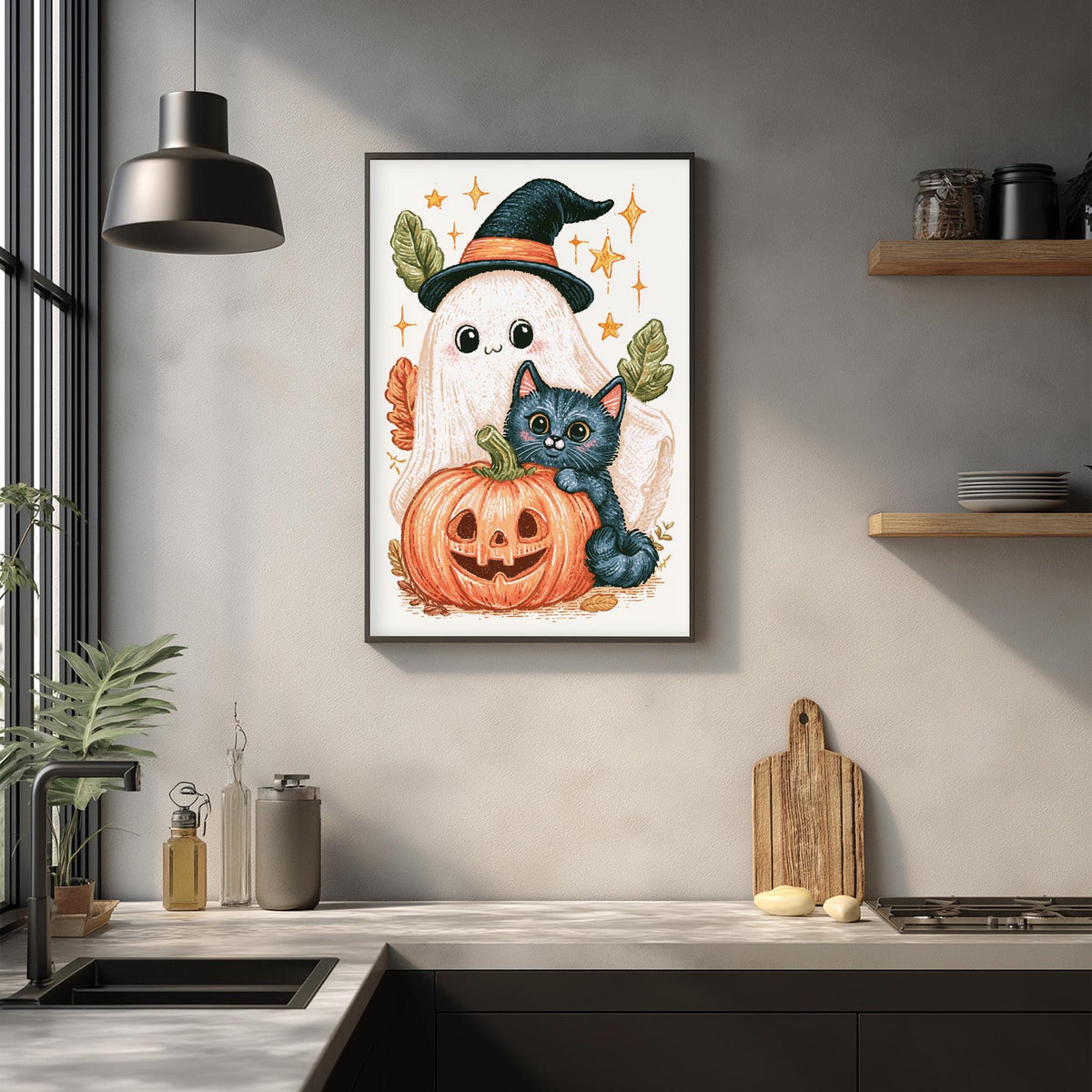 a Halloween-themed artwork hanging on a wall, depicting a ghost, a cat, and a pumpkin.