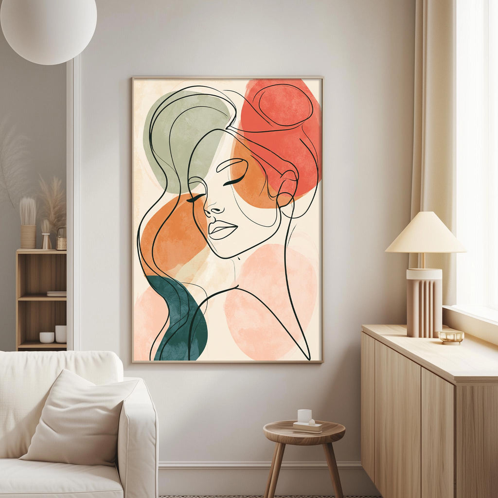 a living room with a large abstract portrait of a woman's face hanging on the wall. The portrait is composed of various colors and shapes, creating a vibrant and dynamic visual effect. The room also includes a white couch, a wooden side table, and a lamp, contributing to a cozy and inviting atmosphere.