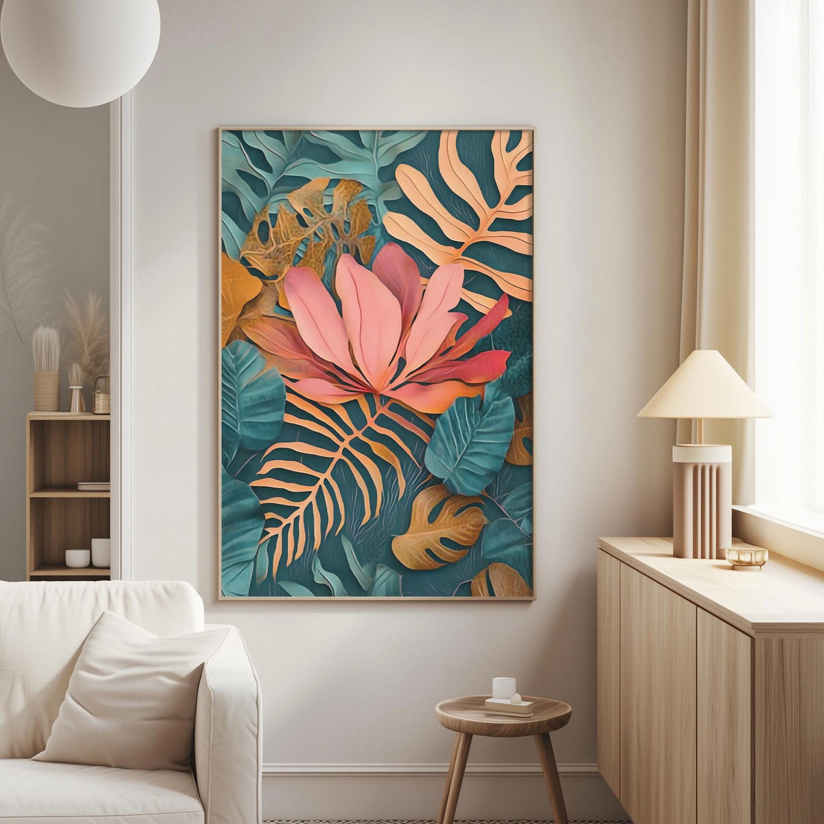 a large, vibrant painting of tropical foliage hanging on a wall in a living room.