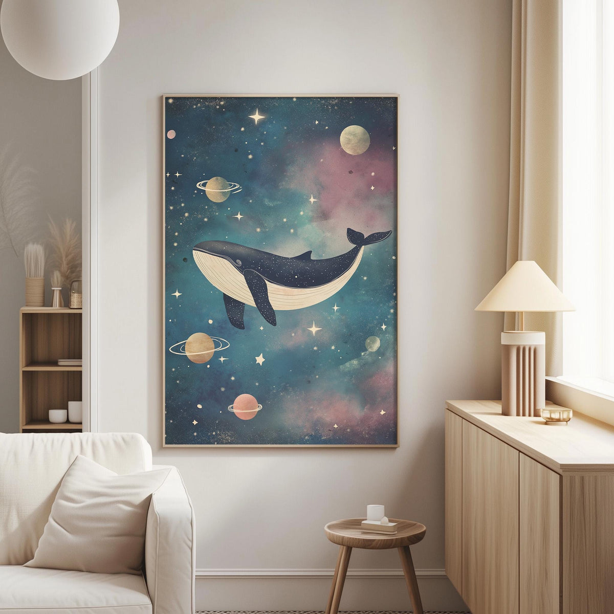 a large, colorful painting of a whale floating in a starry, cosmic-themed space. The painting is hung on a wall in a living room setting, with a white couch and a wooden side table nearby.