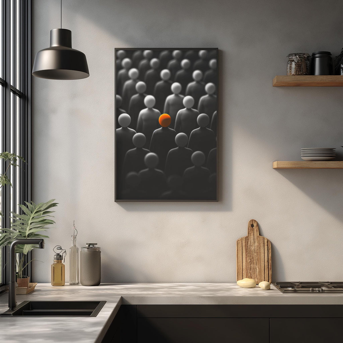 a modern kitchen with a minimalist design. The focal point is a framed black and white image of a crowd of people, with one individual standing out in a bright orange color. The kitchen counter is adorned with various kitchen items, including a cutting board, a bottle, and a vase. The overall color scheme of the kitchen is predominantly white and black, with the orange accent adding a pop of color to the scene.