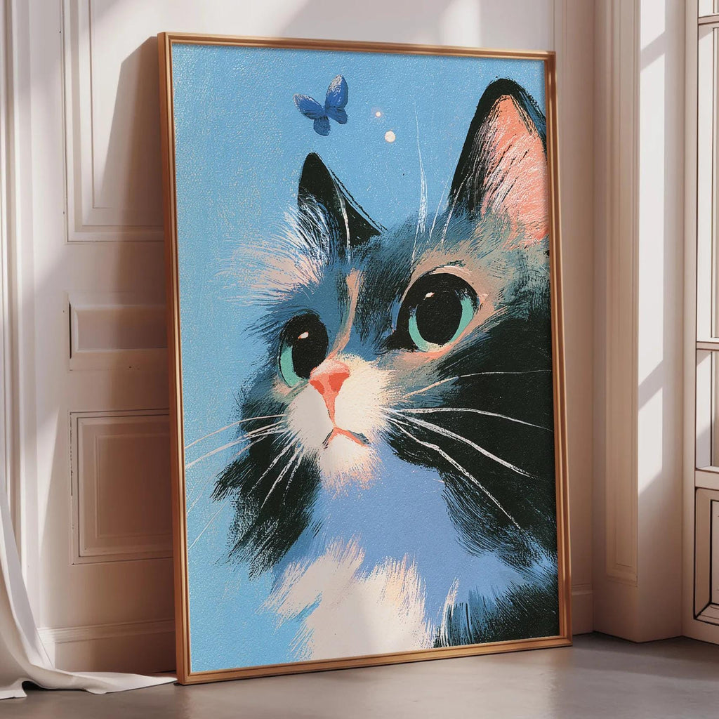 A framed painting of a cat with a blue background and a butterfly in the top right corner.