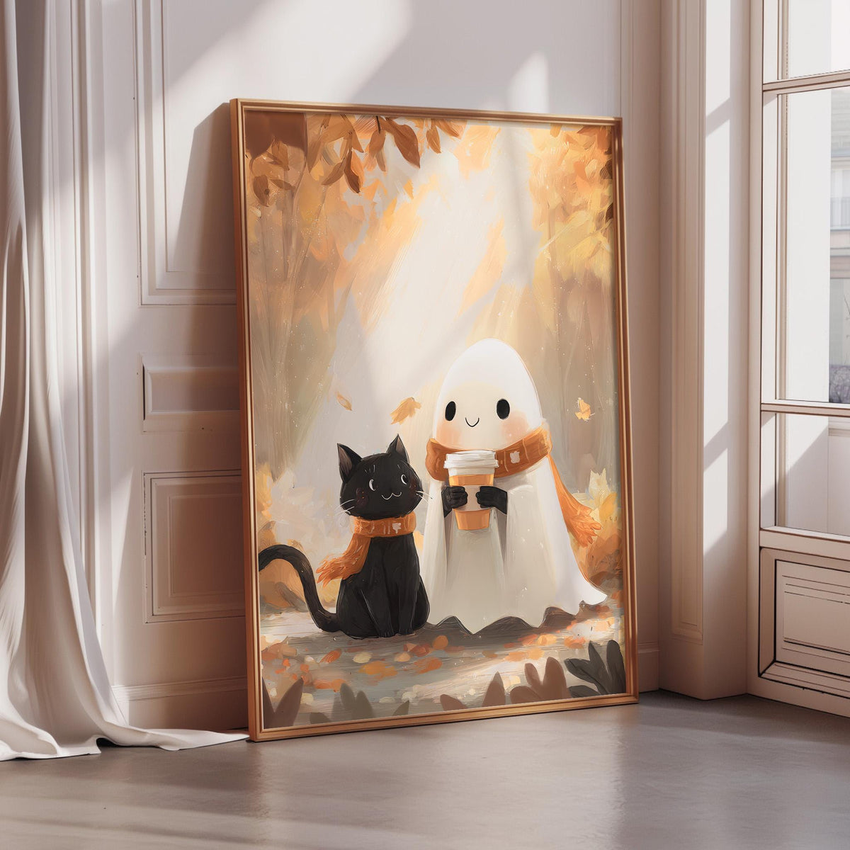 A framed illustration depicting a ghost and a black cat sitting together in a forest setting with autumn leaves.
