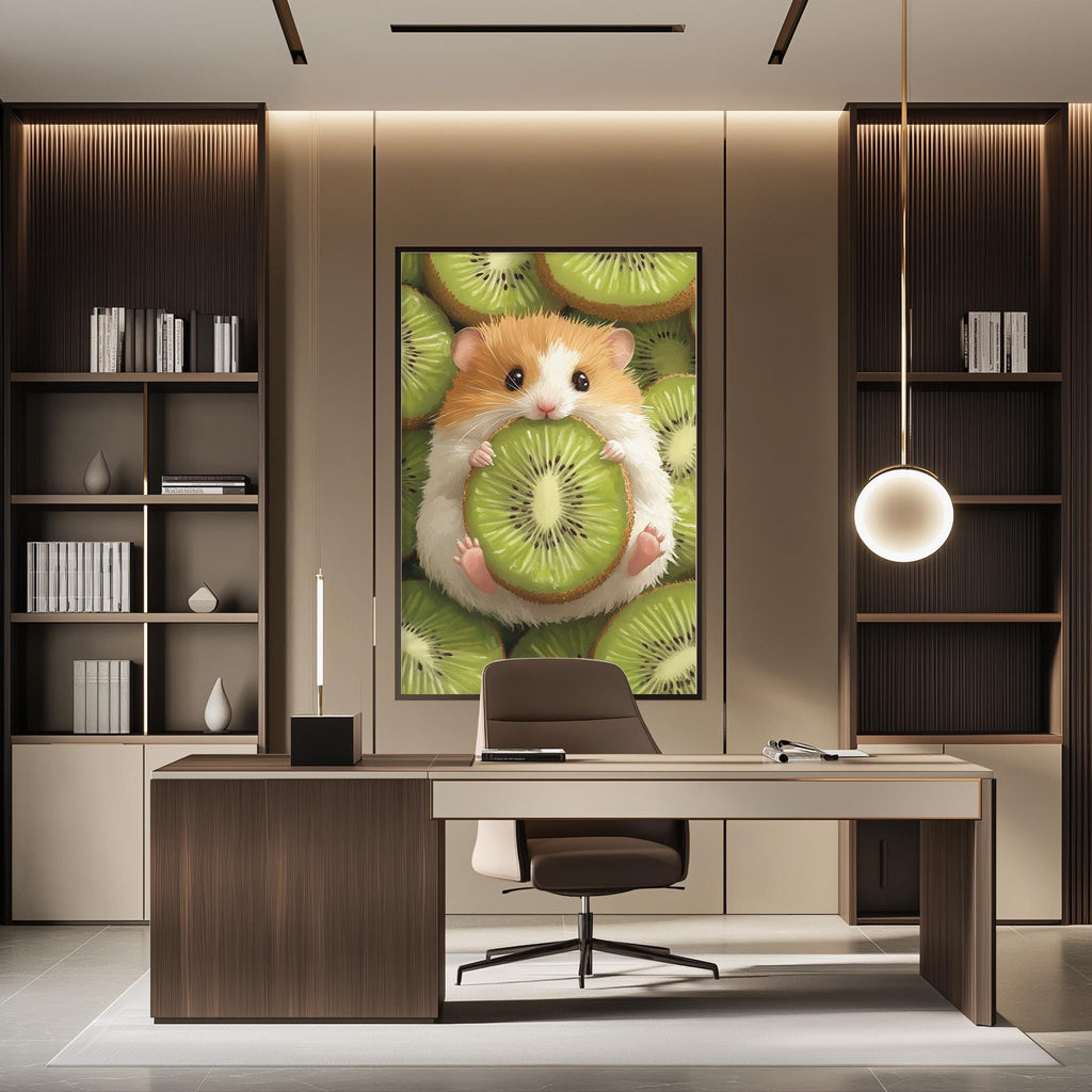 a modern office space with a large framed artwork of a hamster holding a slice of kiwi fruit as the focal point. The office has a wooden desk, a chair, and a bookshelf with various books and decorative items.
