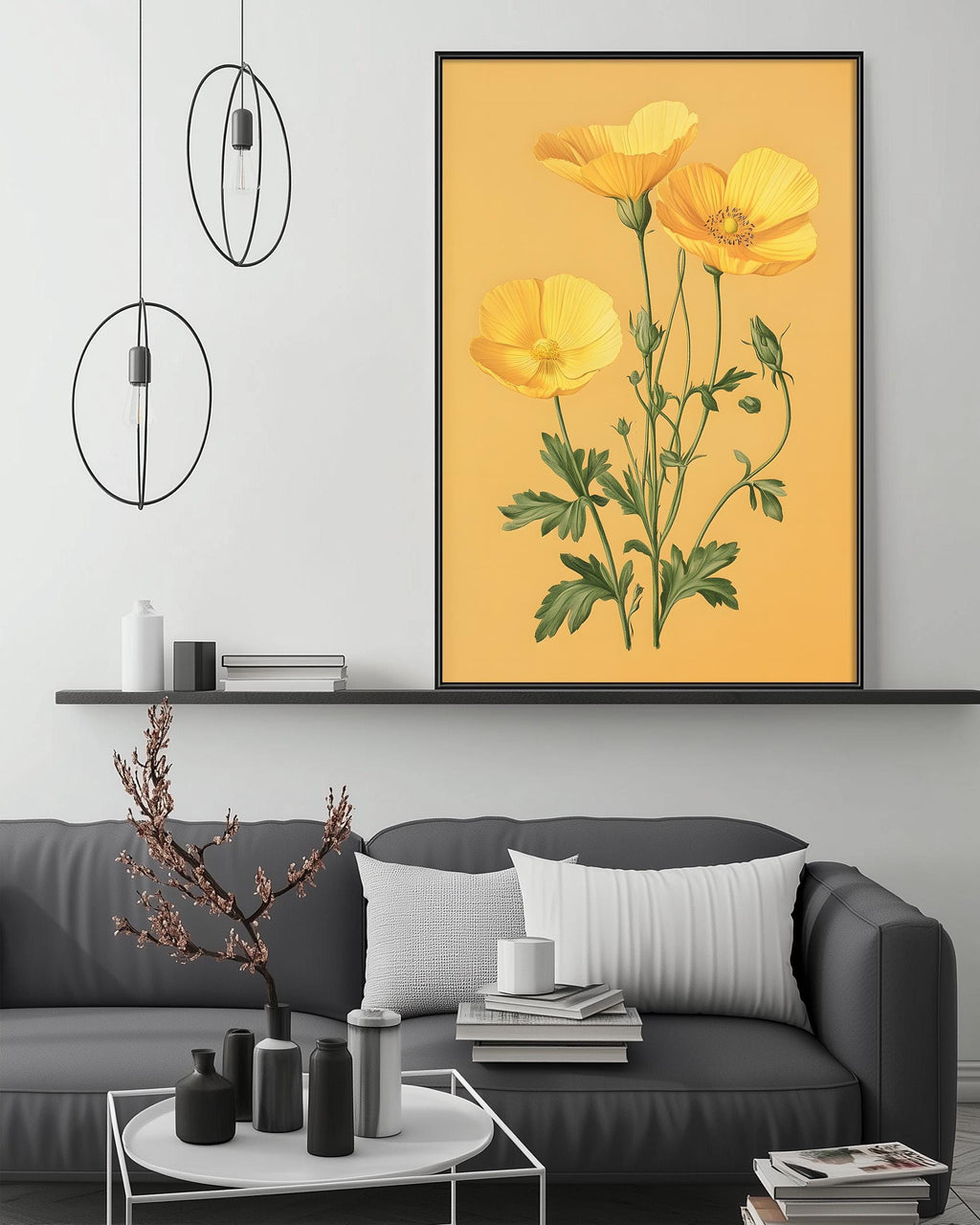 a living room with a gray sofa, a coffee table, and a large framed print of yellow flowers on the wall above the sofa.
