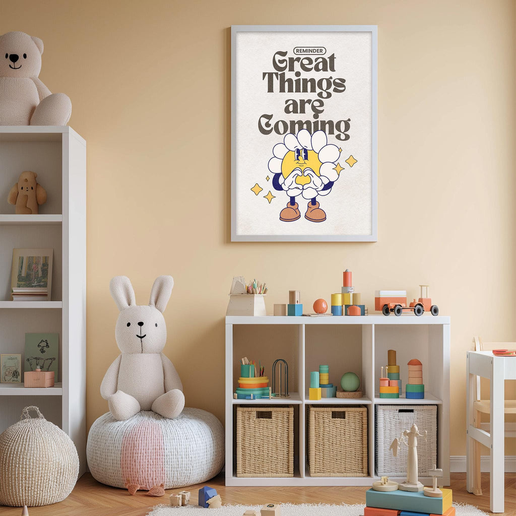 a child's bedroom with a white bookshelf, a stuffed rabbit, a toy train, and a framed poster with a cartoon character.