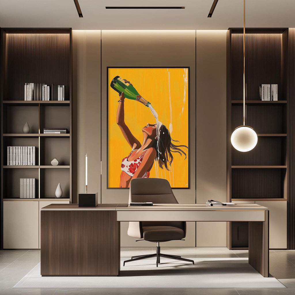 a modern office space with a large framed artwork depicting a woman pouring champagne. The office has a sleek and contemporary design, with a desk, chair, and shelving units.