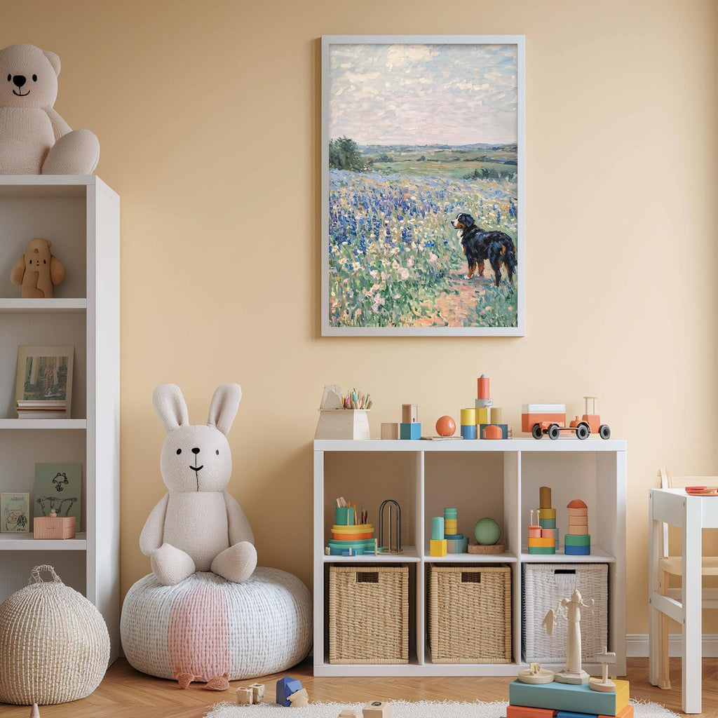 A cozy children's room with a large stuffed bunny, a toy train, and a framed painting of a field with flowers. The room also contains shelves filled with toys and storage bins.