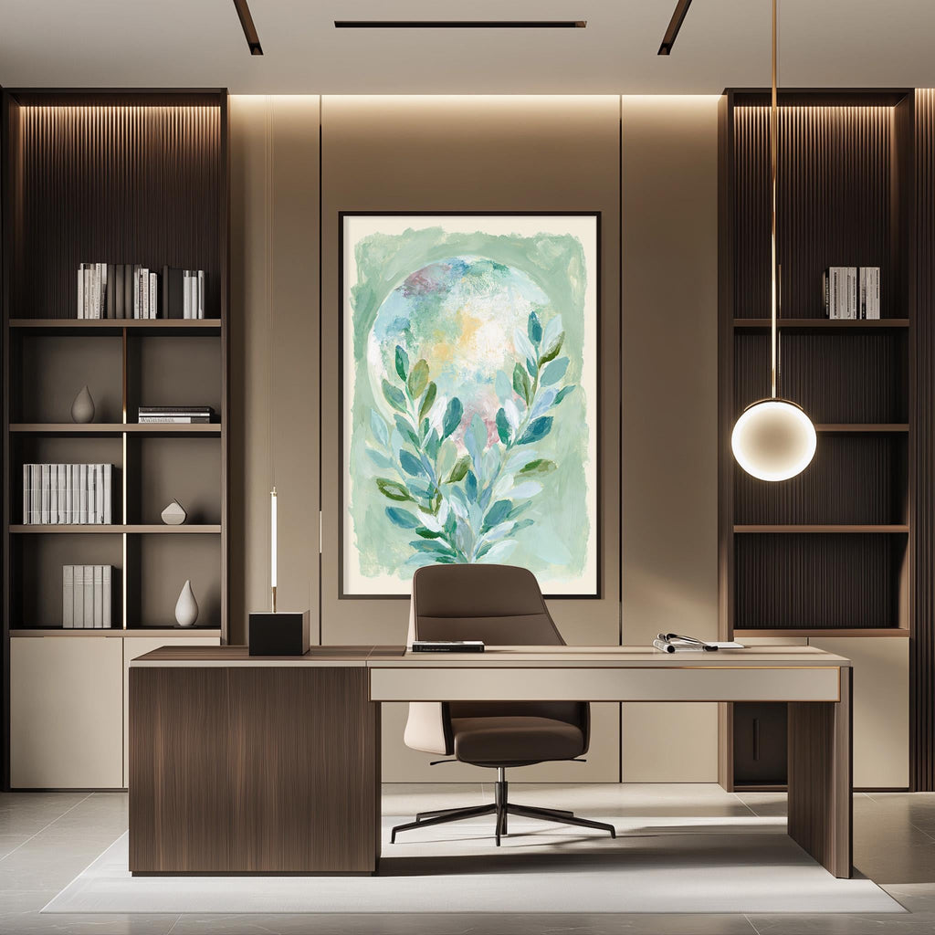 a modern and well-lit office space with a large painting of a plant on the wall, a wooden desk with a chair, and built-in bookshelves.