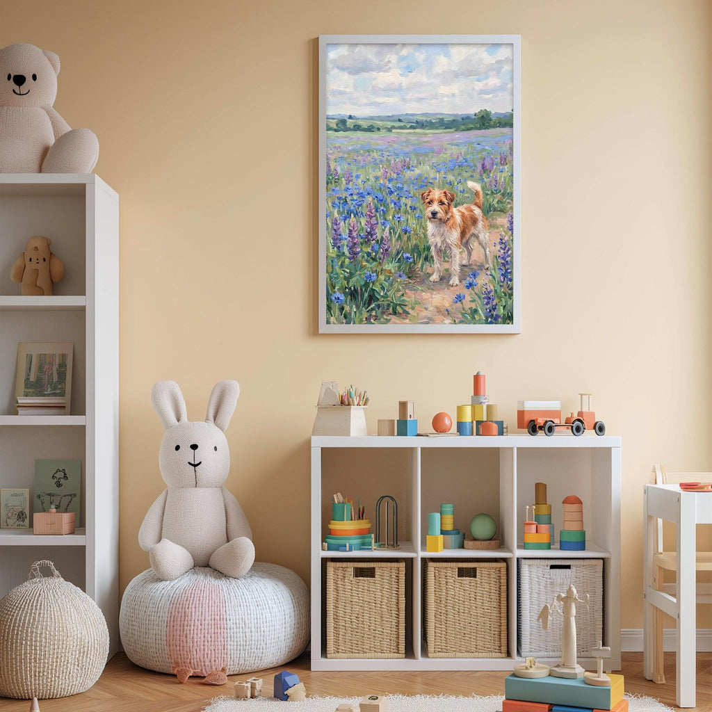 A cozy children's room with a large stuffed bunny, a toy train, and a framed painting of a dog in a field of flowers.