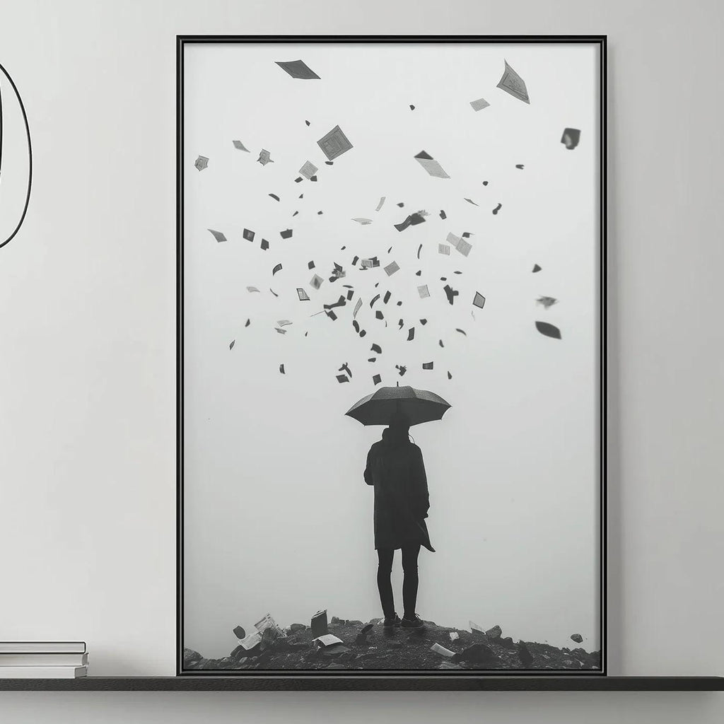 a black and white photograph of a person holding an umbrella, standing on a rocky surface, with a scattering of small objects around them. The photograph is framed and displayed on a wall above a gray couch, which is decorated with various items such as vases, books, and a coffee table.