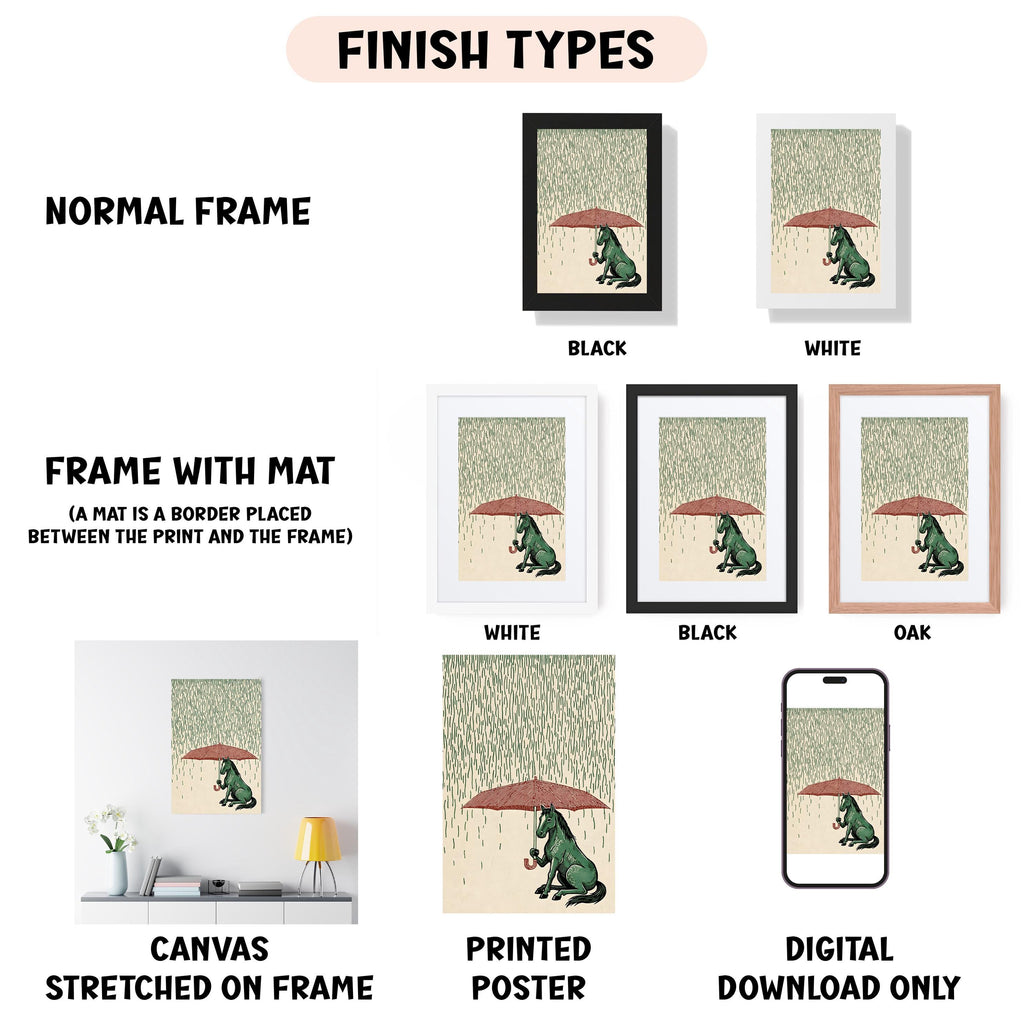 various framed artworks, including a canvas stretched on a frame, a framed poster, and a digital poster. The artworks are labeled with different finish types, such as "NORMAL FRAME", "FRAME WITH MAT", "WHITE", "BLACK", and "OAK". The artworks also depict a green frog holding an umbrella, with the frog sitting on a branch.