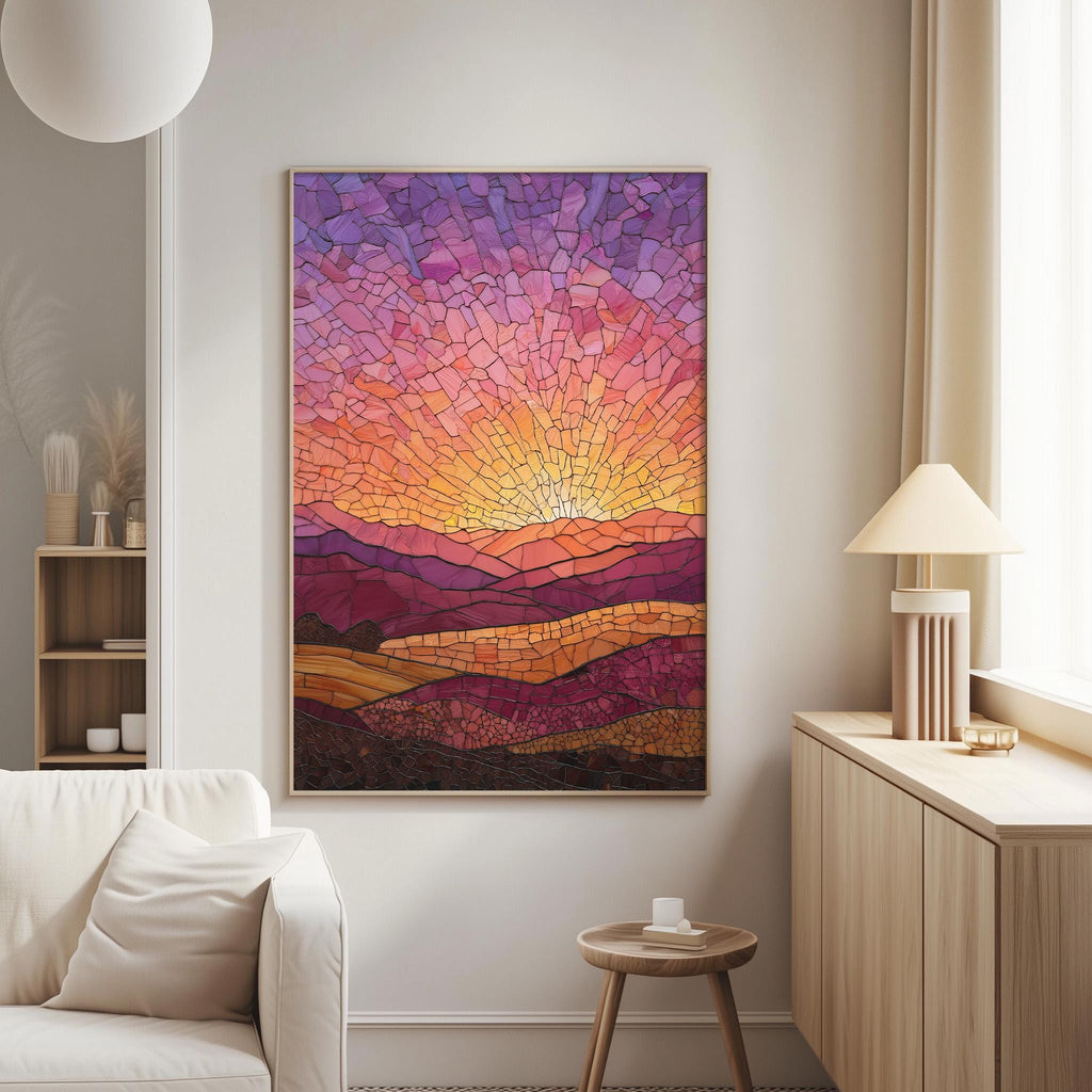 a large, colorful painting of a sunset over a mountainous landscape, hanging on a wall in a living room.