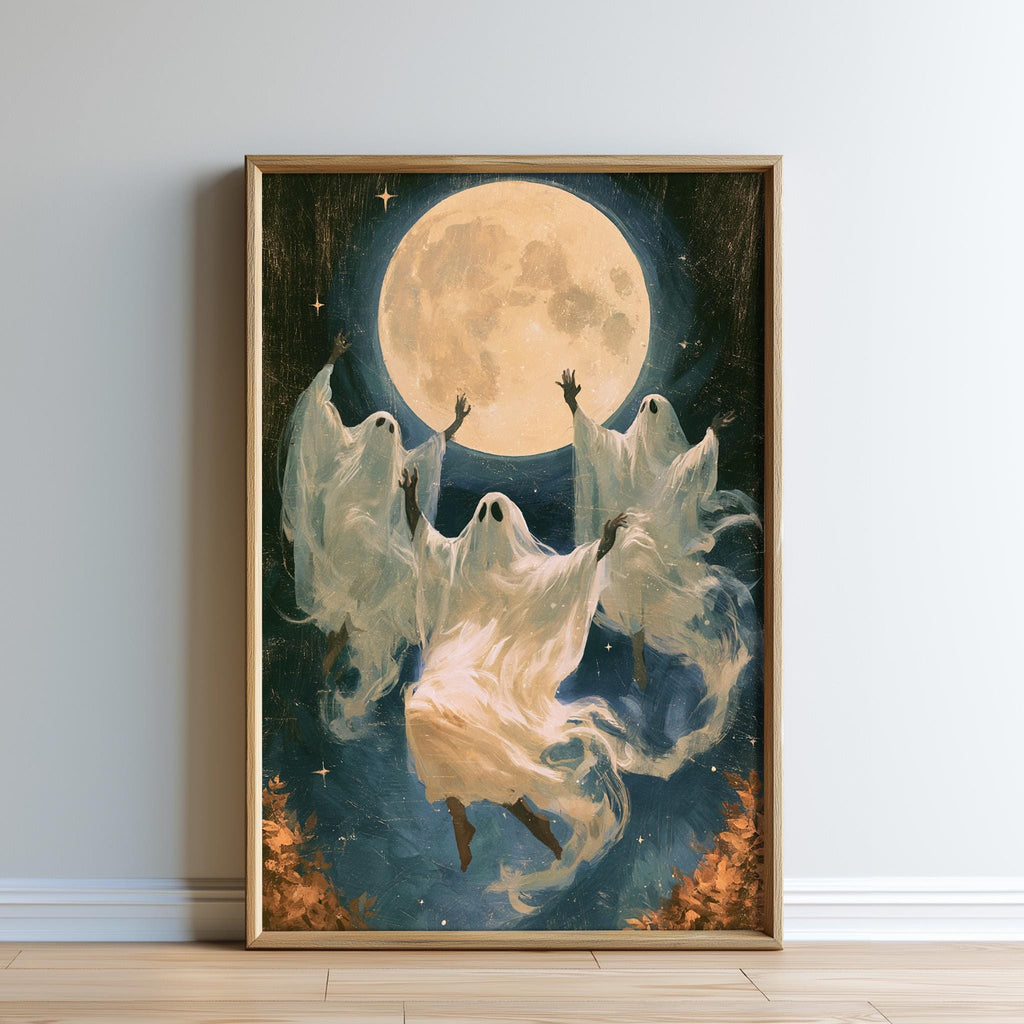 The image is a framed painting depicting three ghostly figures floating in the air against a backdrop of a large, glowing moon.