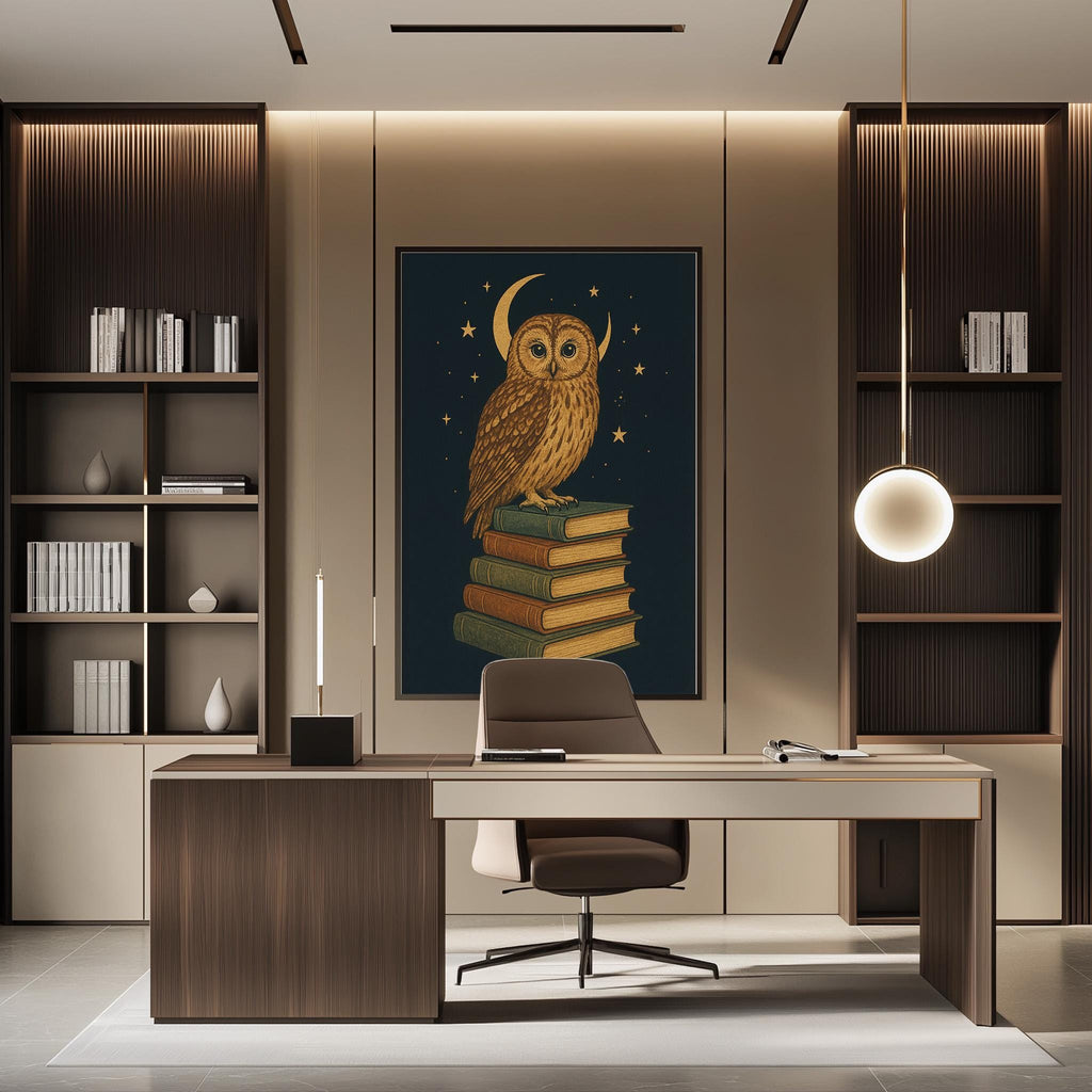 a modern office space with a large owl artwork on the wall, a wooden desk, and a bookshelf filled with books.