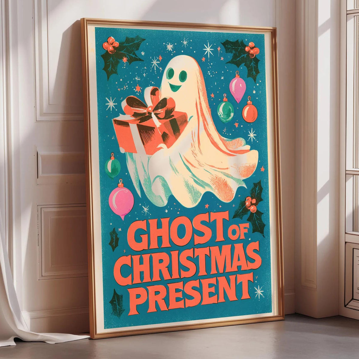 a poster with a ghost holding a gift, surrounded by Christmas decorations and the text "GHOST OF CHRISTMAS PRESENT".