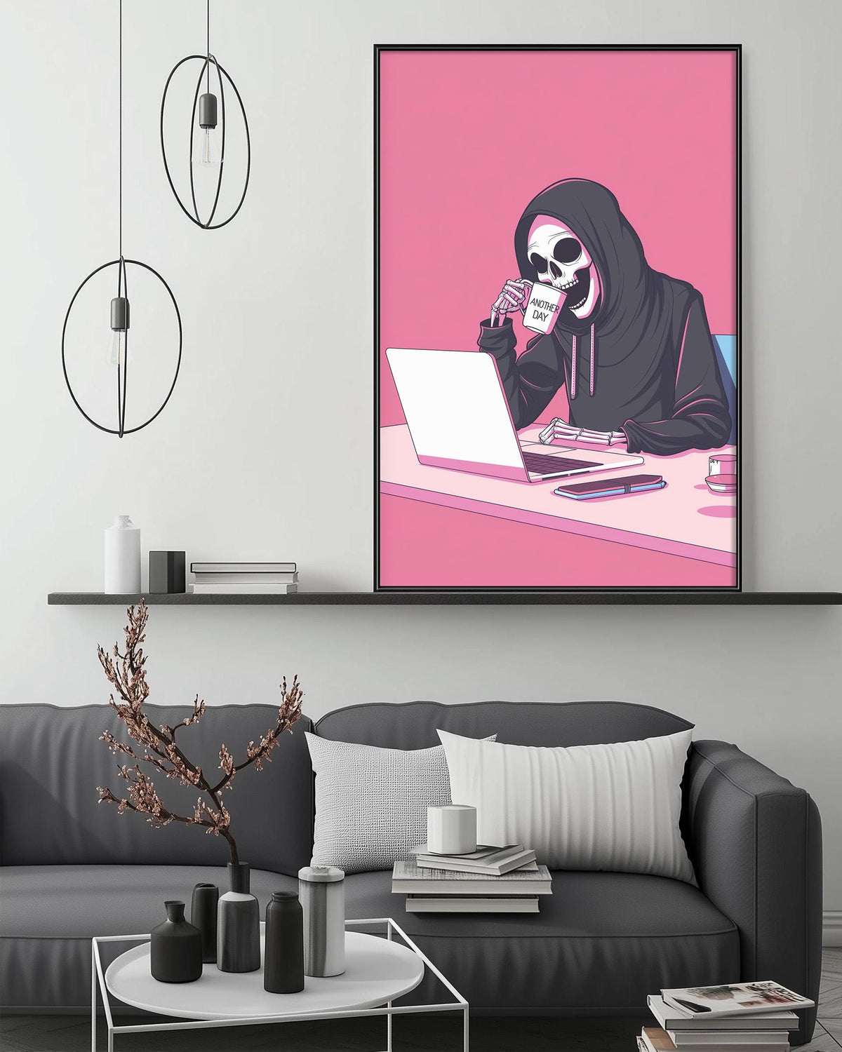 a skeleton wearing a hooded sweatshirt sitting at a desk, working on a laptop computer.
