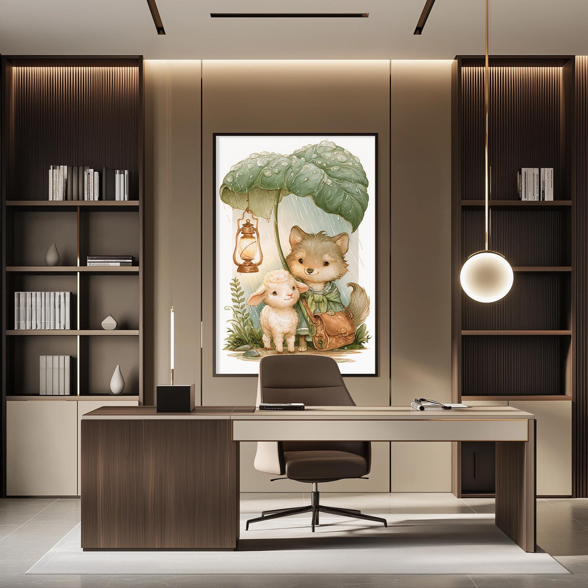 a modern office space with a large framed illustration of a fox, lamb, and owl on the wall, creating a whimsical and nature-inspired atmosphere.